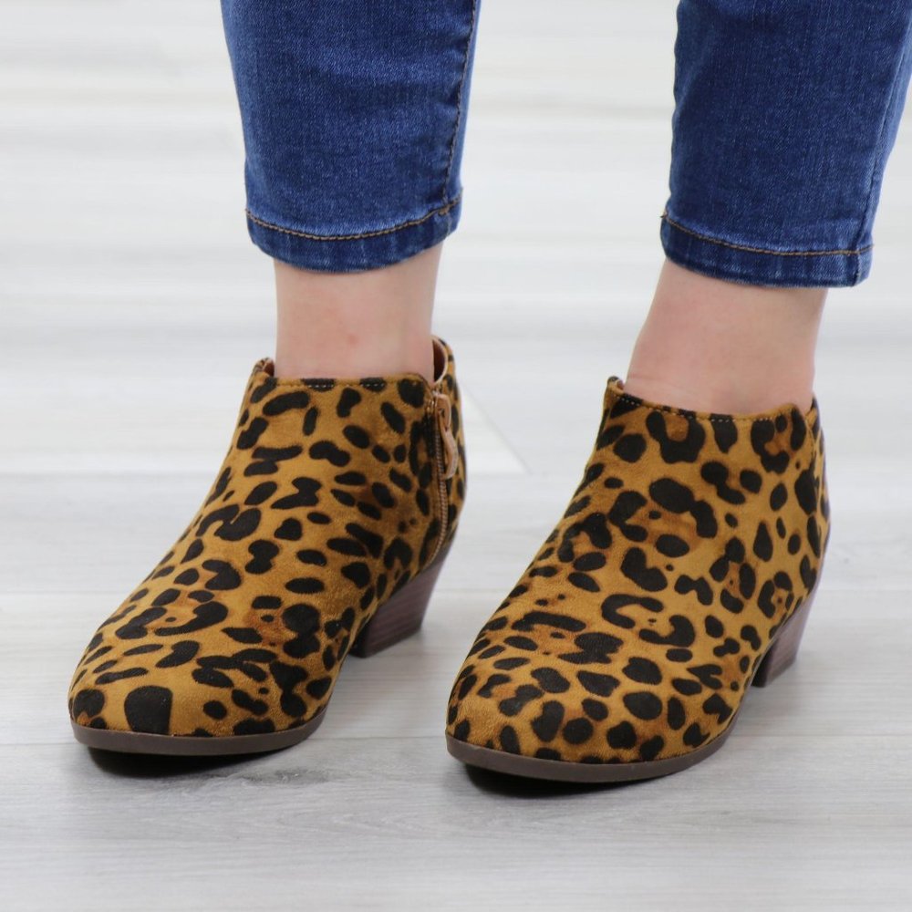 Faux Sude Leopard Low Heel Ankle Boots - Picture 13 of 13
